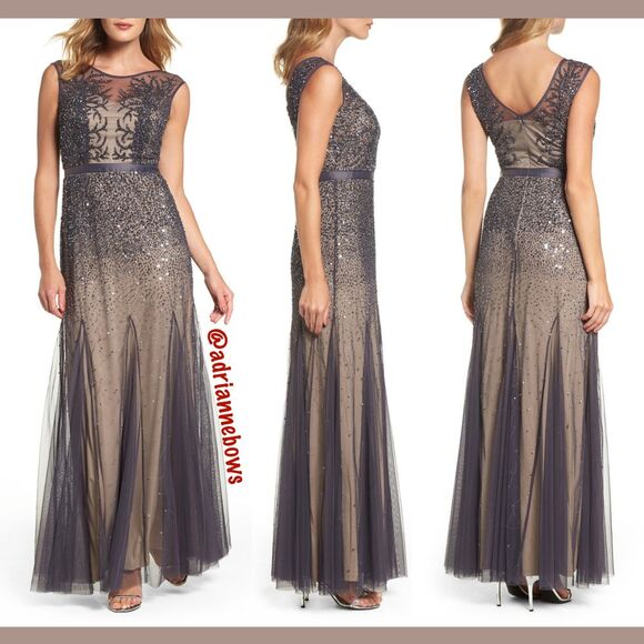 NWT Adrianna Papell [ 10‎ ] Sleeveless Beaded Illusion Gown Dress Gunmetal